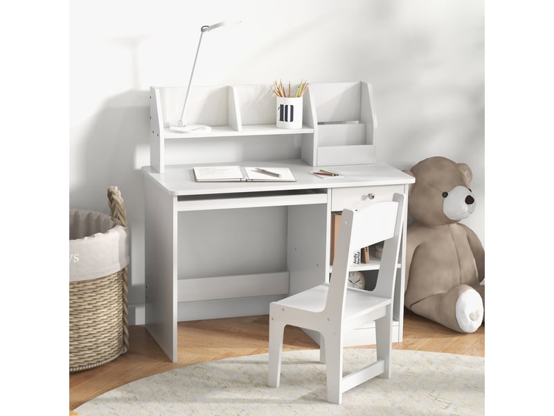  Ensemble bureau et chaise enfant avec rangement pour étudier, lire et jouer ; table 90 x 45 x 90 cm et chaise 32 x 31,5 x 65 cm, blanc  - Conforama C