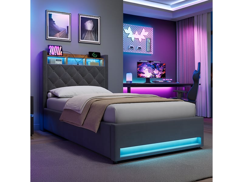  Lit 1 personne 90x200 cm avec rangement, led et usb gris homvra  - Conforama C