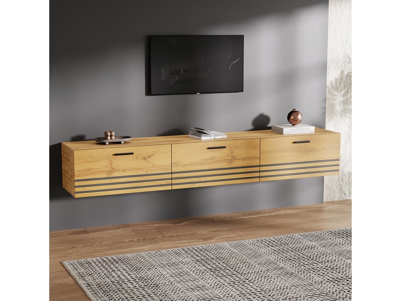  Meuble tv mural 160x30x25,5 cm avec 3 tiroirs, effet bois naturel  - Conforama B