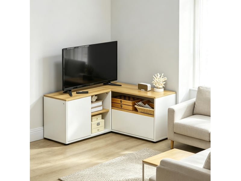  Banc tv d'angle 90 x 90 x 45 cm - blanc et bois clair - 5 espaces de rangement d'inspiration scandinave  - Conforama B