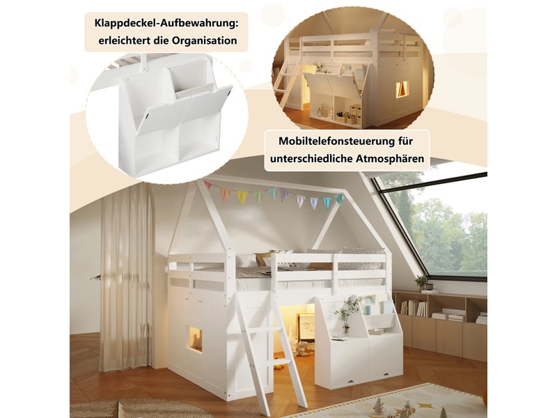  Lit mezzanine enfant 1 place 140×200 cm avec escalier, led et rangements - okmyhome- blanc, sans matelas  - Conforama E