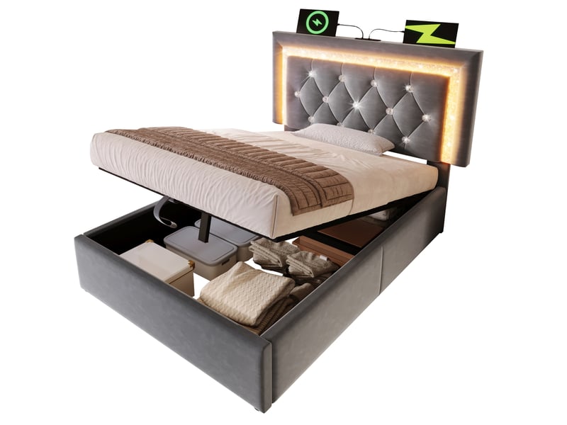  Lit simple 90 x 200 cm en velours gris avec led, rangements hydrauliques, usb, type-c et matelas  - Conforama A