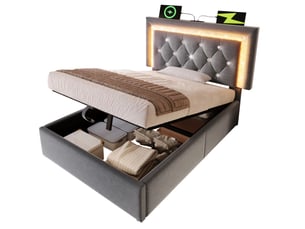 Lit simple 90 x 200 cm en velours gris avec led, rangements hydrauliques, usb, type-c et matelas