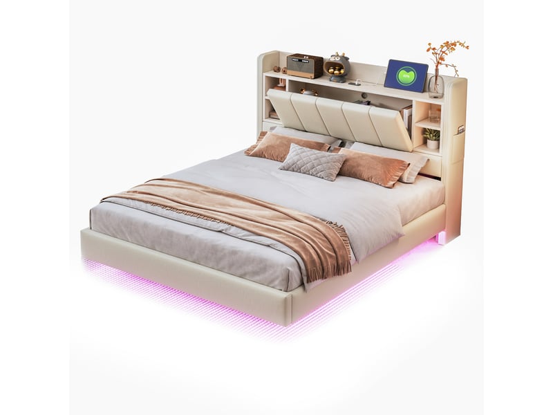  Lit double capitonné 140 x 200 cm avec éclairage led et usb, lit rembourré tête de lit réversible avec coussins de rangement, tissu effet lin, beige  - Conforama A