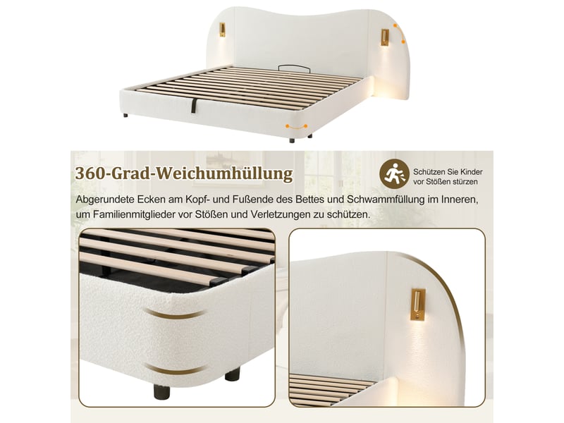 Lit coffre 2 places 180x200 cm avec usb et lampes de lecture bouclette blanc - Conforama E