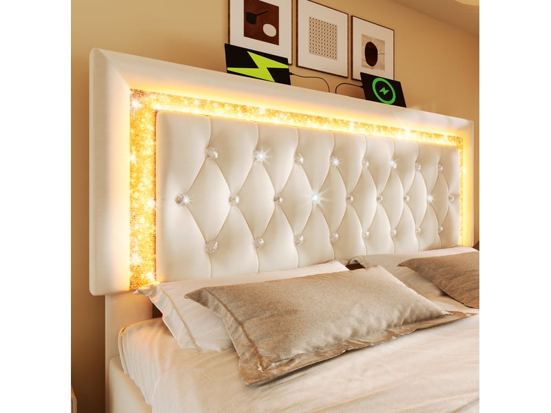  Lit coffre 140x200 cm avec matelas, led, usb et port type-c, velours beige  - Conforama D