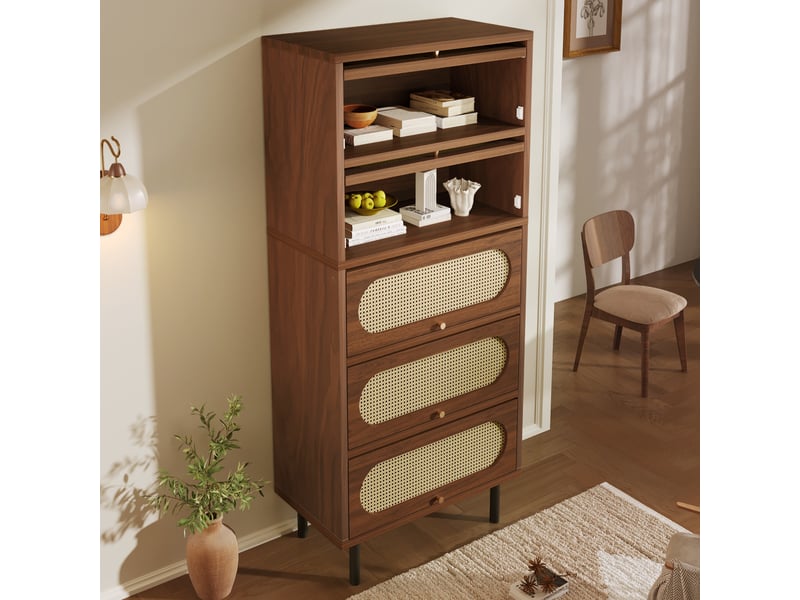Buffet haut 80x40x163 cm avec 5 portes abattantes effet rotin, grand rangement, pieds métal noirs, finition noyer, salon cuisine et entrée - Conforama D