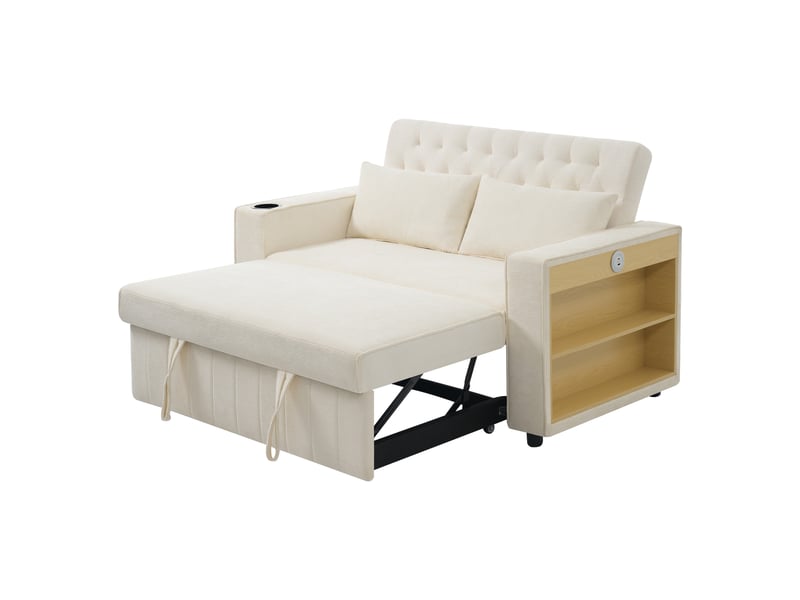  Canapé lit convertible 2 places en chenille avec rangement, dossier réglable 3 positions, usb, porte-gobelet et étagère latérale - beige  - Conforama A