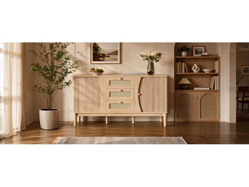 Buffet bas à portes coulissantes avec façades en cannage, meuble de rangement, naturel, 141 x 40 x 77 cm, mdf Fay Lum - Conforama B