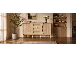 Buffet bas à portes coulissantes avec façades en cannage, meuble de rangement, naturel, 141 x 40 x 77 cm, mdf