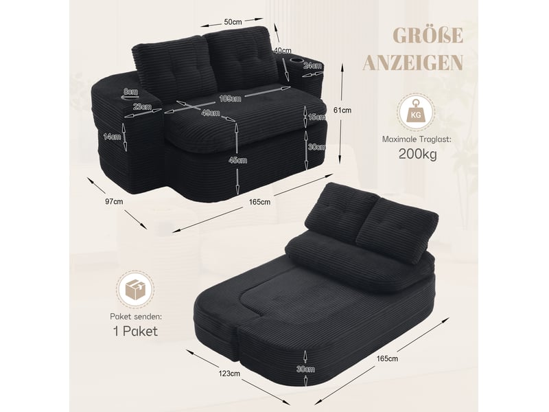  Canapé modenvie 2 places convertible en position allongée, velours côtelé noir, assise profonde, dossier haut, porte-gobelets, 165 x 97 x 61 cm  - Conforama C
