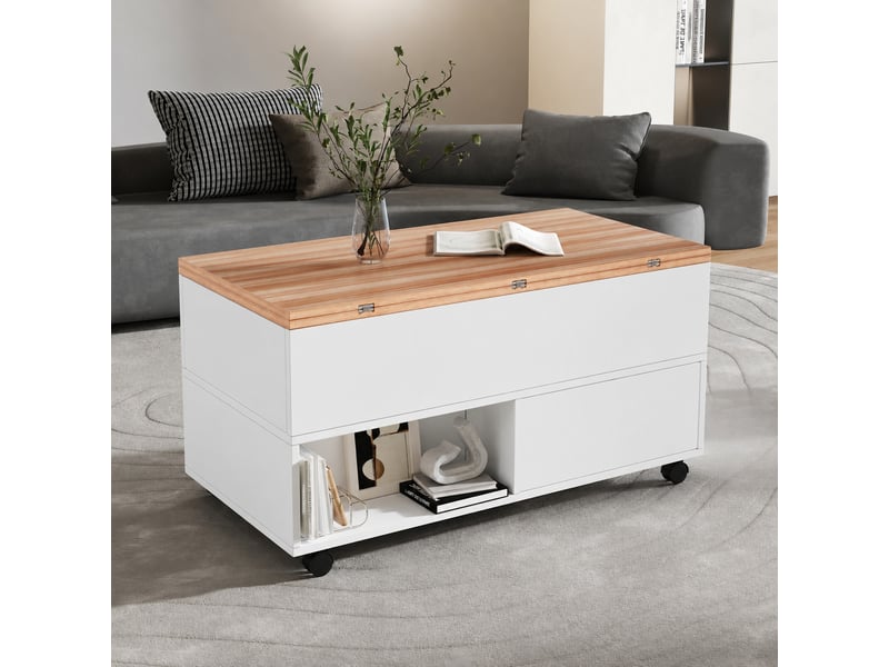 Table basse relevable et extensible, double plateau, 4 tiroirs, roulettes, blanc et effet chêne - Conforama B