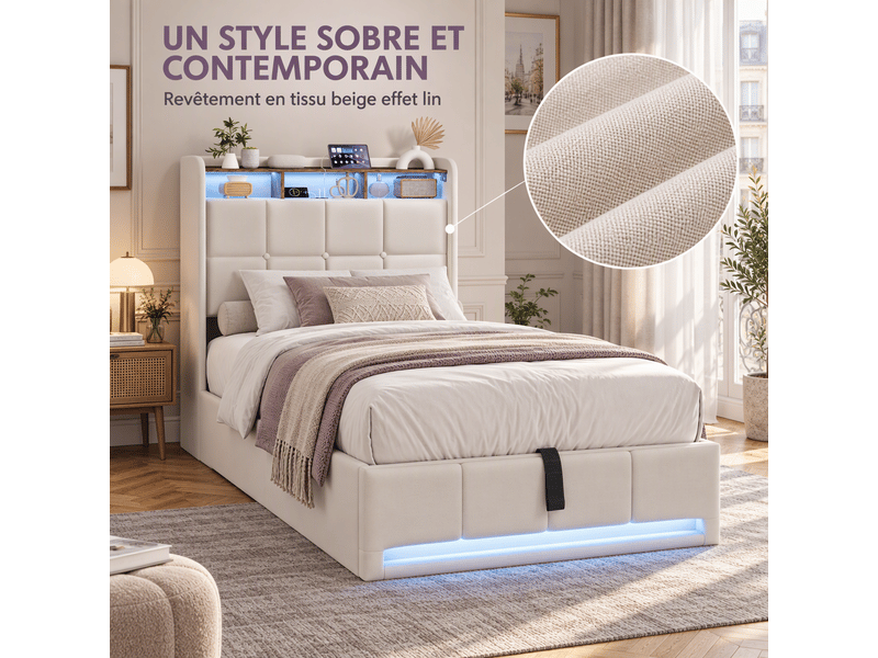  Lit simple 90 x 200 cm avec rangement hydraulique, lit 1 place avec led et ports usb-c, lit capitonné avec sommier à lattes, lin, beige  - Conforama D