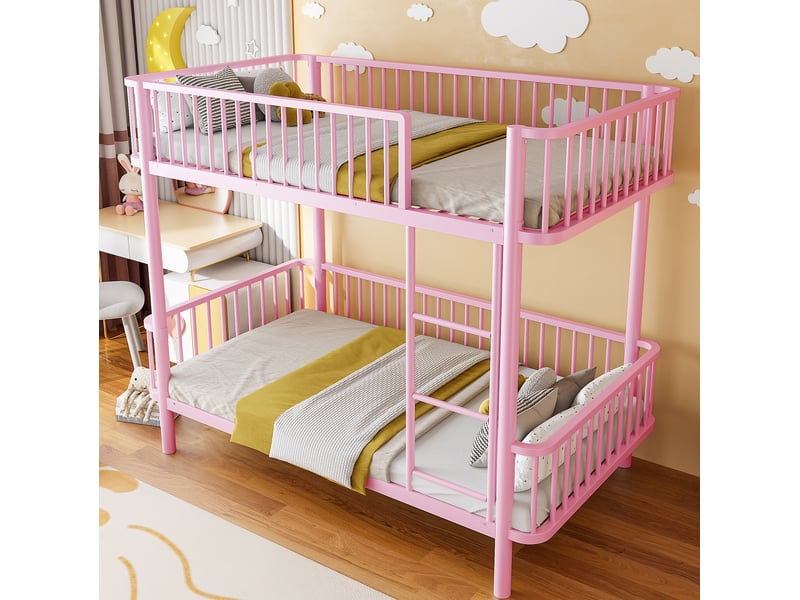 Lit superposé modenvie 90 x 200 cm en métal rose avec barrières de sécurité - Conforama E