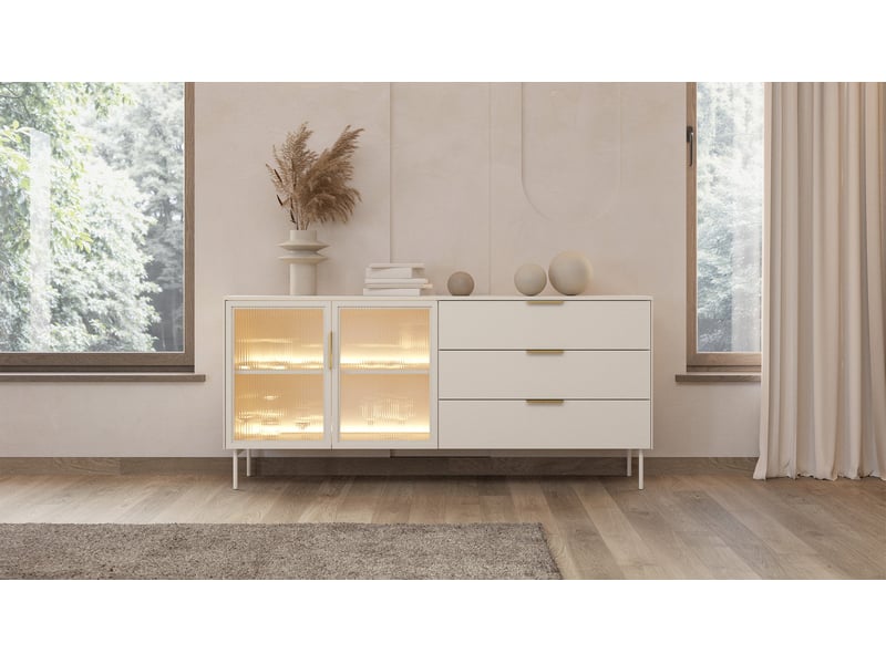  Selsey lumi – buffet 2 portes vitrées avec 3 tiroirs et éclairage led - cachemire - 181 cm Lumi - Conforama C
