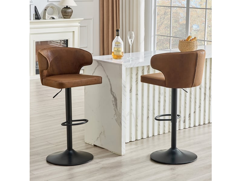  Tabouret de bar pivotant avec hauteur réglable, repose-pieds et dossier ergonomique, en tissu marron  - Conforama C