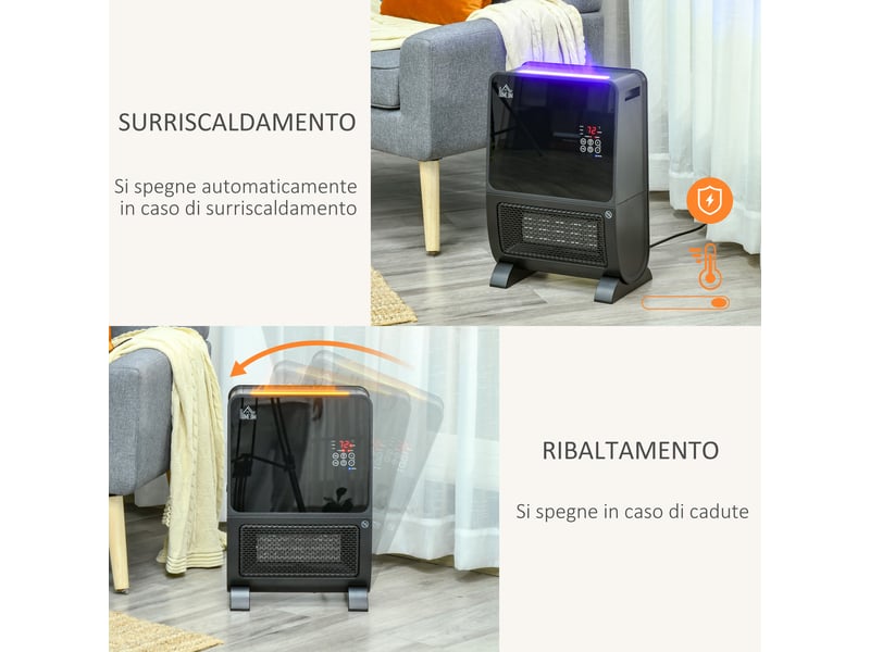  Chauffage électrique 2 en 1 avec humidificateur, lumière led 3 couleurs, minuterie et télécommande, 33 x 21 x 49,5 cm, noir  - Conforama E