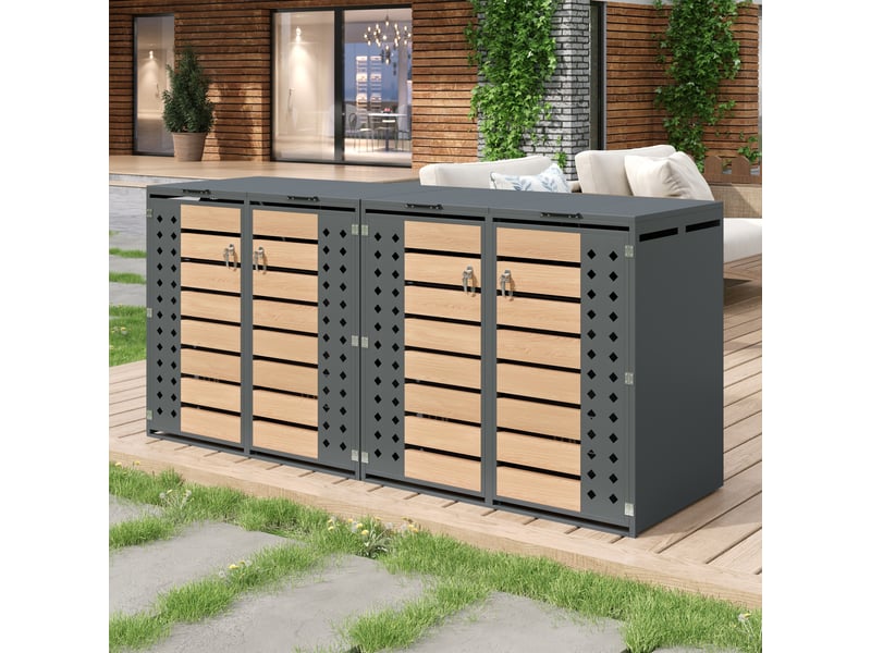  Abri poubelles extérieur à quatre compartiments, acier galvanisé effet bois  - Conforama E