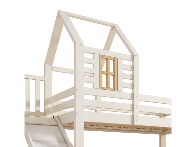  Lit superposé cabane 90140x200 cm avec toboggan et tiroir, blanc et bois IKSETERA TRADING LTD - Conforama W