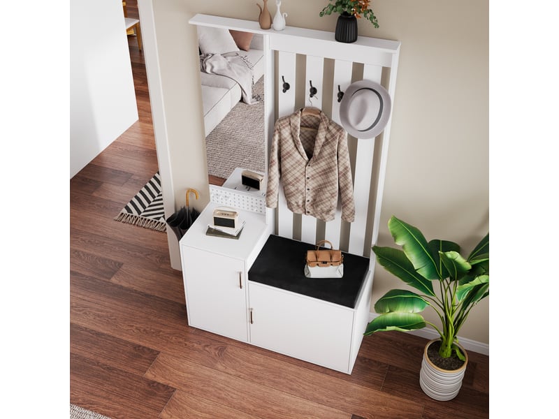  Ensemble meuble d'entrée multifonctionnel 6 en 1 – vestiaire mural blanc avec miroir, banc à chaussures et rangement (180 x 100 x 40 cm)  - Conforama C