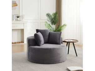 Fauteuil rond 1 place avec 3 coussins et larges accoudoirs en velours côtelé gris, 110 × 110 × 82 cm