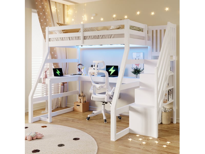  Lit mezzanine enfant 90 x 200 cm avec bureau, escalier de rangement, led et usb blanc  - Conforama E