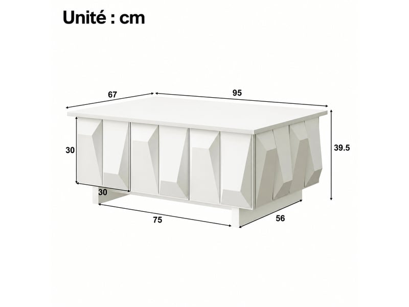  Ensemble meuble tv et table basse blanc avec façades à relief géométrique  - Conforama D