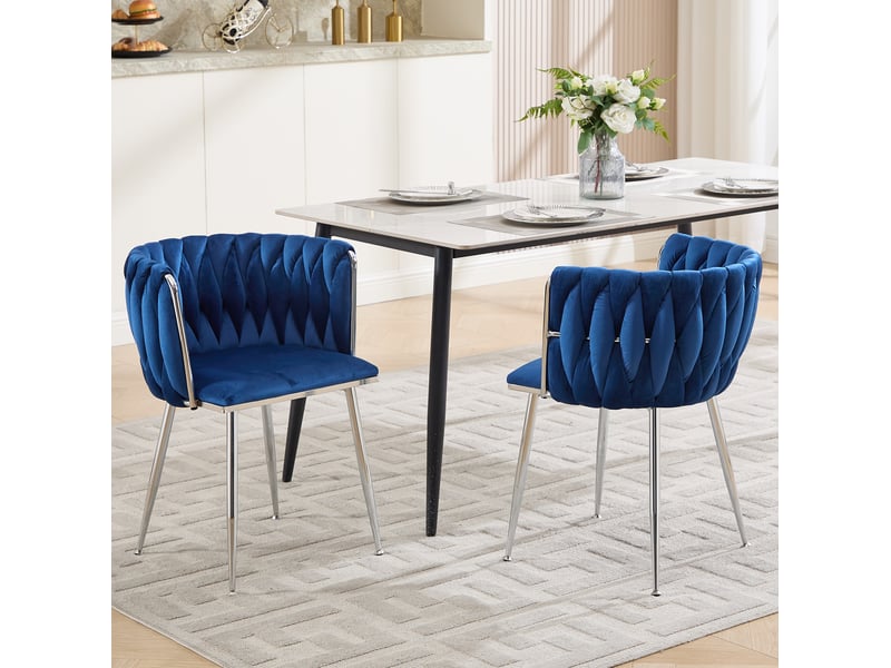  Lot de 2 chaises de salle à manger en velours bleu marine, pieds métalliques argentés  - Conforama D