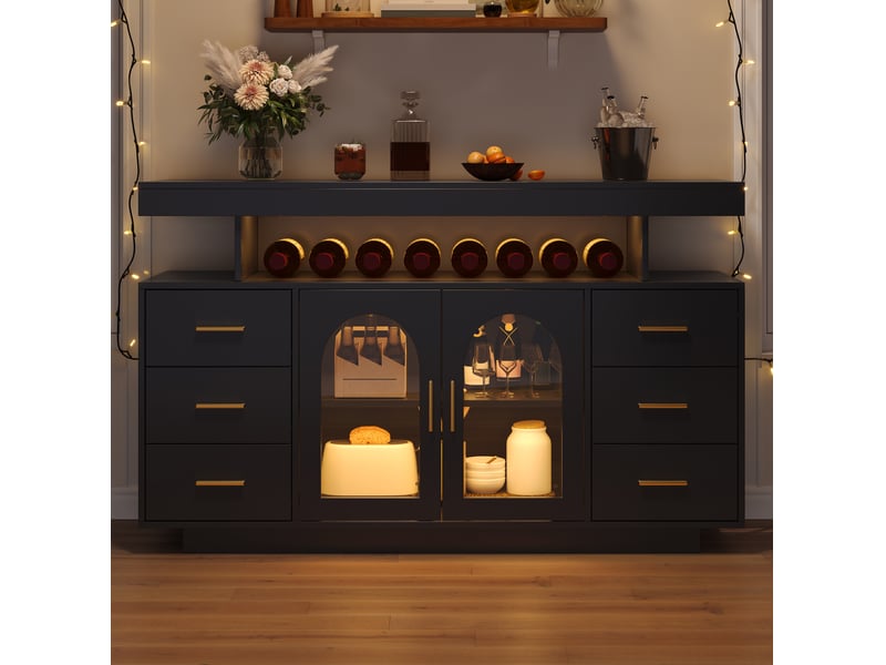  Buffet bas avec led rgb, 6 tiroirs et 2 portes vitrées 140x40x76 cm noir  - Conforama W