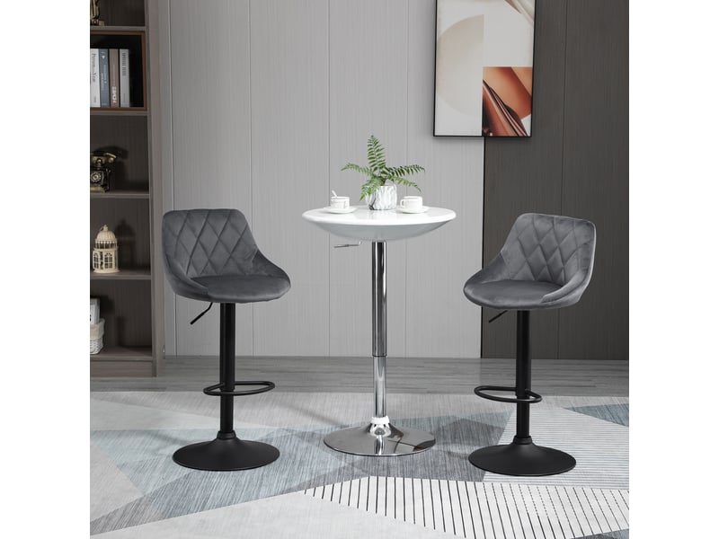  Lot 2 tabourets bar réglables, métalsimilicuir, hauts pivotants, dossier, repose-pieds, 46x48x83-104 cm, gris et noir.  - Conforama D