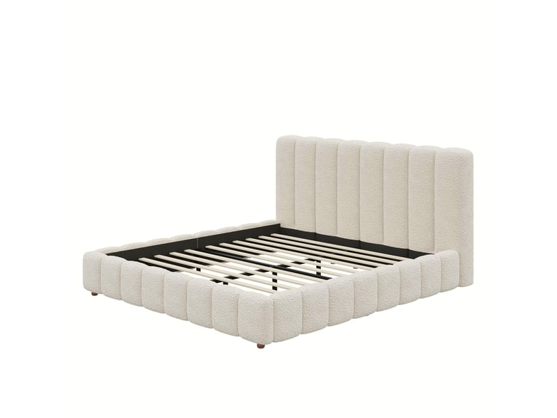  Lit rembourré 160 x 200 cm en bouclé blanc, tête de lit à lignes verticales, pieds en bois massif N634U0114W - Conforama A
