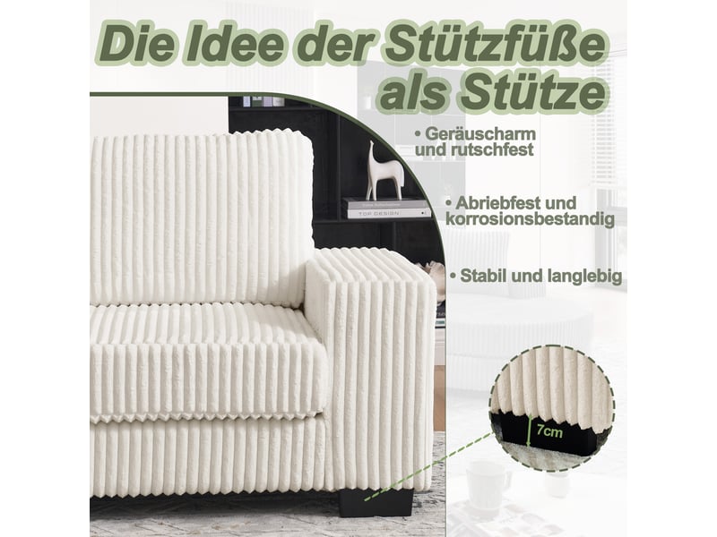  Canapé d'angle modulable 4 places avec pouf ovale réversible, tissu velours côtelé beige, structure bois eucalyptus  - Conforama D