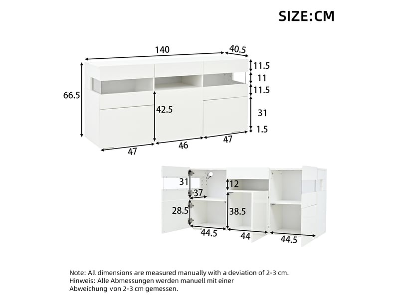  Buffet bas 3 portes blanc brillant avec led et acrylique transparent - 140 x 40,5 x 66,5 cm  - Conforama E