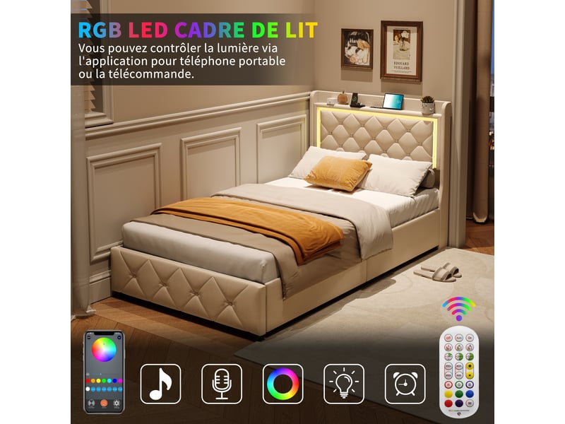  Kefsr lit simple 90x200 cm avec tiroirs de rangement, lit capitonné en velours beige avec tête de lit étagère, led rgb et ports usbtype-c  - Conforama D