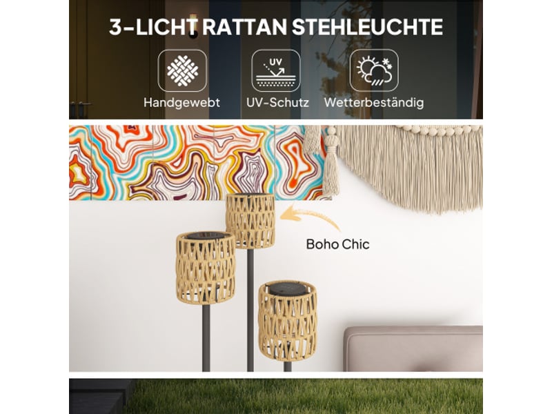  Lampadaire solaire en rotin style bohème, 3 lumières led, capteur crépusculaire, ip44, ø37 x 144 cm, jardin  - Conforama D