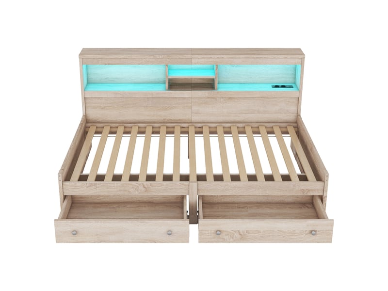Lit banquette naturel 90x200 cm, 2 tiroirs, led, 2 usb et 2 prises intégrées - Conforama D
