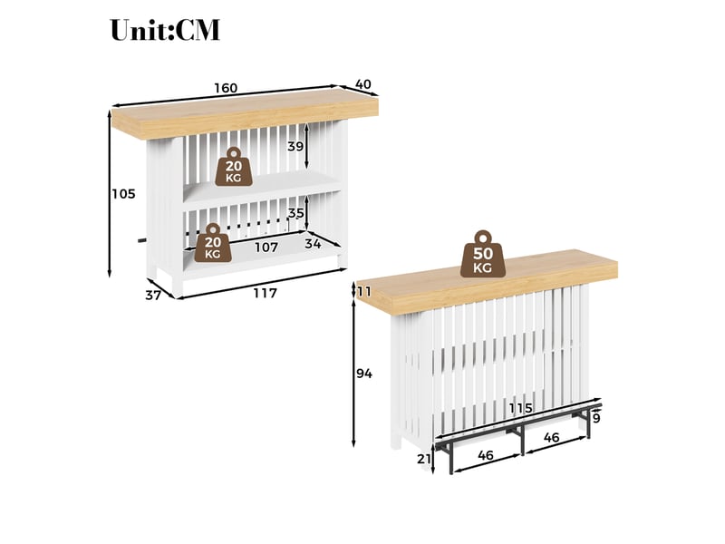  Table de bar 160x40x105 cm avec repose-pieds, rangement 2 niveaux en mdf couleur blanche et bois  - Conforama C