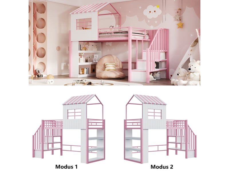  Lit mezzanine en métal 90×200 cm rose, design maison, échelle amovible et rangement étagère  - Conforama E