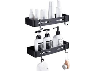 Geruike étagère douche angle 2 niveaux noir auto-adhésive, rangement antirouille pour sdb
