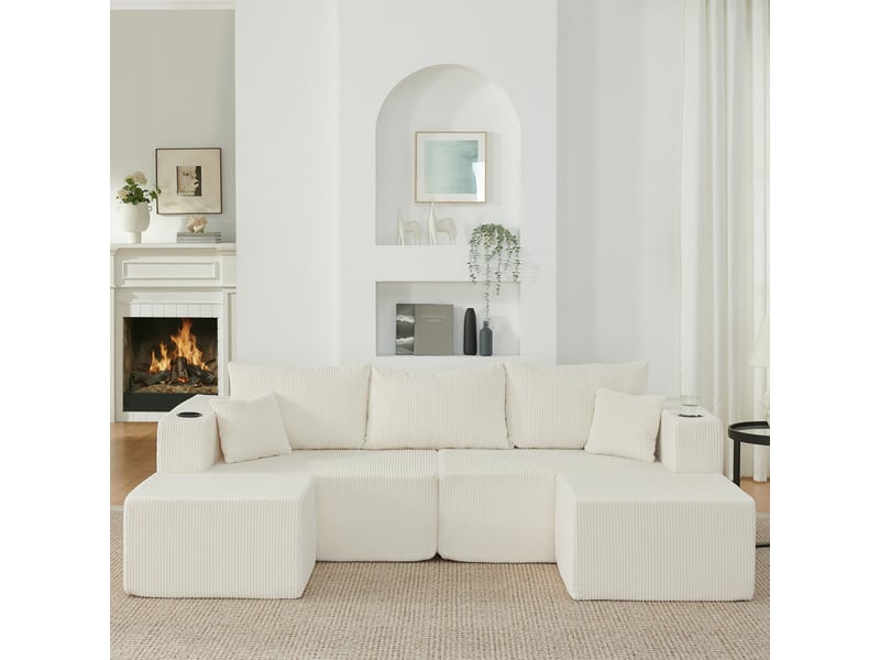  Canapé d’angle 3 places modenvie modulable l avec poufs mobiles, velours côtelé, porte-gobelets, poches latérales, coussins, beige  - Conforama E