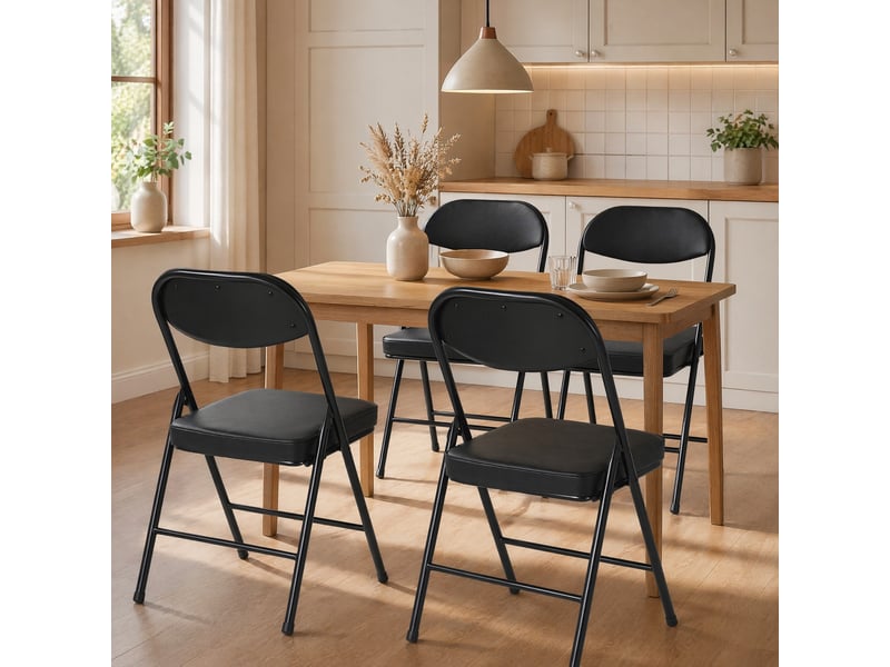  Chaise pliante lot de 4 avec assise rembourrée  - cadre en acier, patins antidérapants, simili cuir noir  - Conforama C
