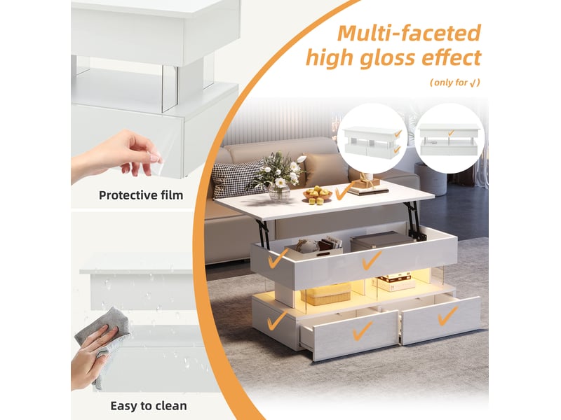  Table basse relevable 100x50x46 cm avec rangement caché et 2 tiroirs, éclairage led, style simple, salon, mdf, blanc  - Conforama E