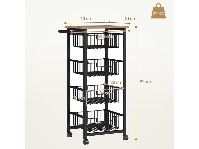  Chariot de rangement à 5 niveaux, desserte à roulettes, 4 paniers coulissants et plateau, chêne et noir, 49,5x31x91cm  - Conforama C