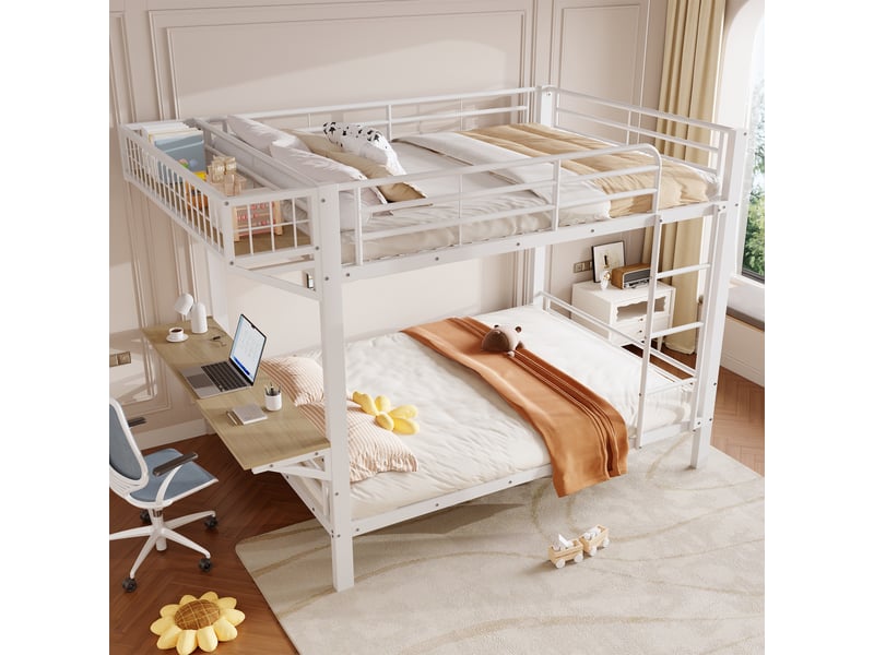 Lit superposé 4 places 140 x 200 cm avec bureau et rangement ouvert montables à gauche ou à droite, lit double en métal blanc avec garde-corps  - Conforama C