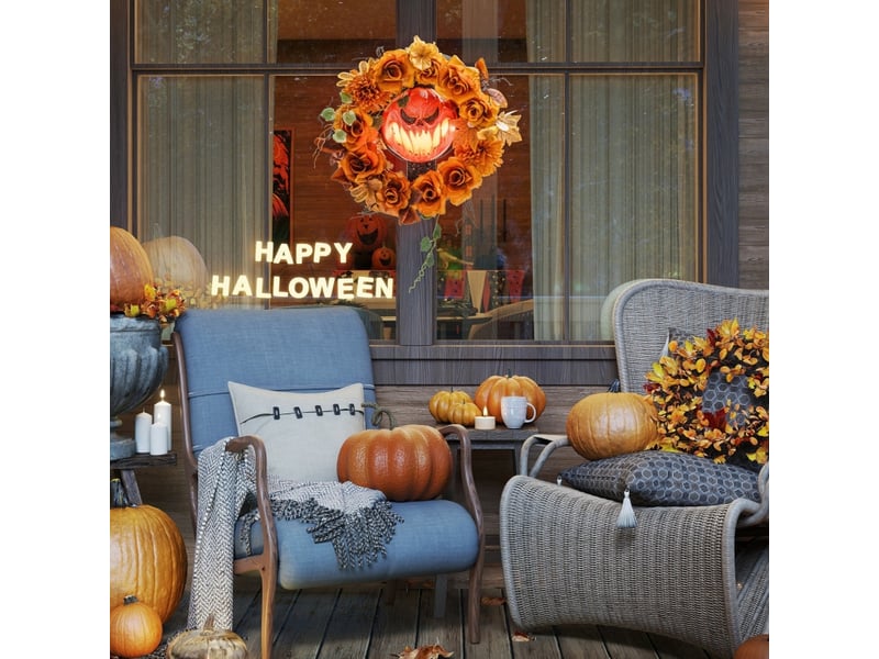  Couronne à suspendre halloween avec 44 led scintillantes, citrouille et feuillage, pour porte ou fenêtre, 44×9×44 cm  - Conforama E