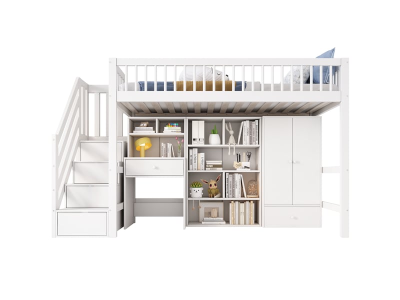  Lit enfant multifonctionnel blanc 90 x 200 cm avec bureau, escalier et armoire  - Conforama A