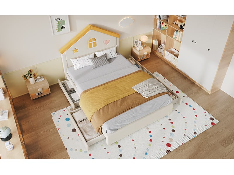  Lit enfant rembourré avec tête de lit maison - 140x200cm - 4 tiroirs latéraux et revêtement en velours - avec sommier à lattes - beige  - Conforama B