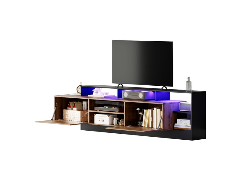  Meuble tv moderne bois naturel et noir avec led, jusqu'à 70 pouces  - Conforama A