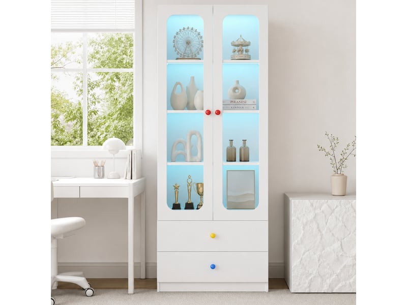 Vitrine 4 niveaux avec 2 tiroirs, éclairage led rgb contrôlable par application et poignées en céramique, meuble pour collections, jouets ou figurines - chambre enfant OPULERANE TRADING LTD - Conforama E