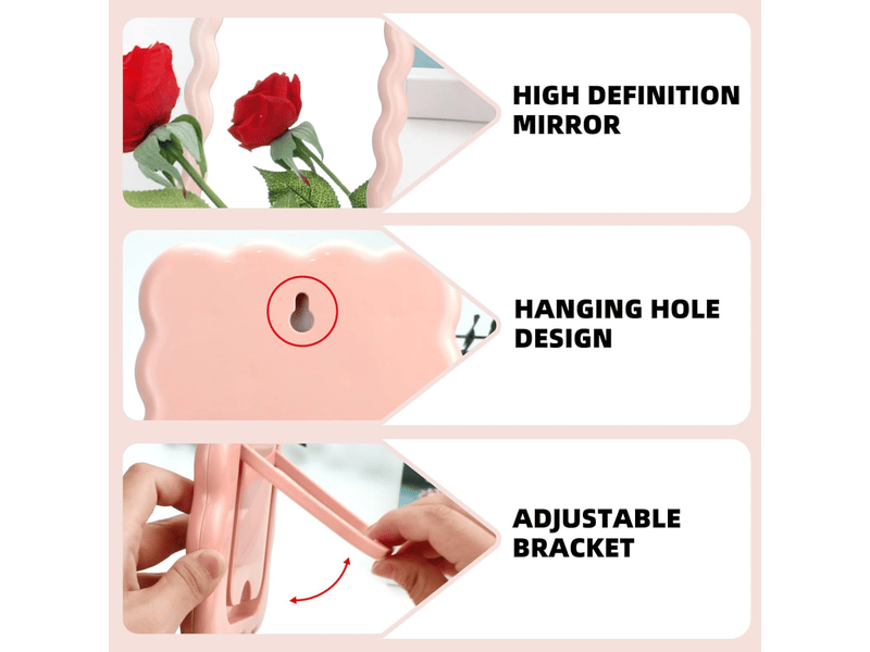  Miroir de maquillage pour coiffeuse à plateau ondulé, joli miroir de voyage, 17 × 13,5 cm, décoration d'intérieur (rose)  - Conforama E